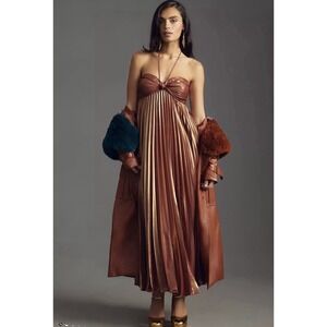 Anthropologie 2X Metallic Plissé Halter Maxi Dress Copper Pleated Gown